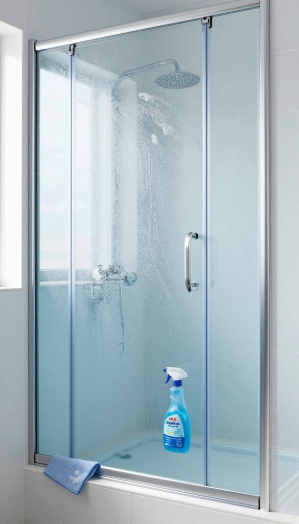 Close-up of glass shower door with blue spray cleaner and microfiber cloth, showing contrast between cloudy and clear glass.