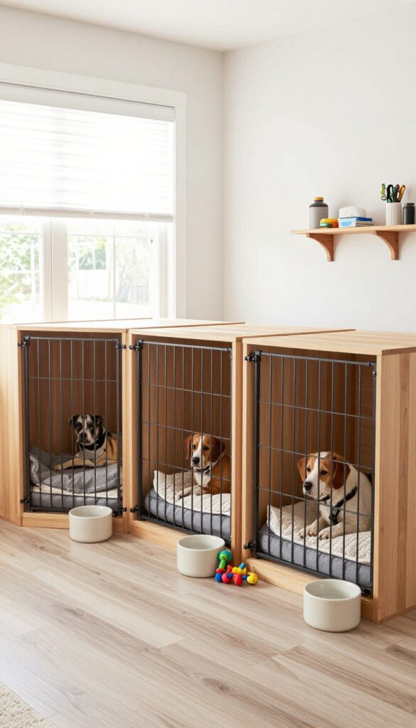Walk-in kennel room with separate zones for multiple dogs, featuring dog beds, gates, and natural light