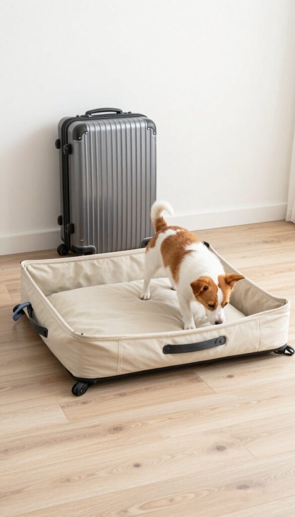 Travel-friendly pop-up dog bed with carry handle, collapsed flat for storage, with a dog nearby.
