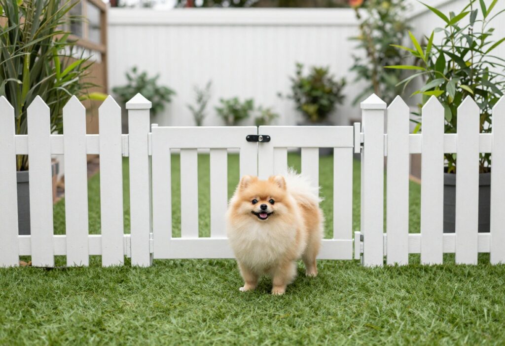 Small fluffy dog in a backyard dog run with turf and shade