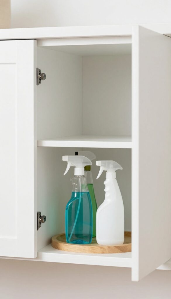 White cabinet with open doors, deep shelf featuring a wooden lazy Susan holding cleaning bottles in a neat circle, bright natural light, organized storage
