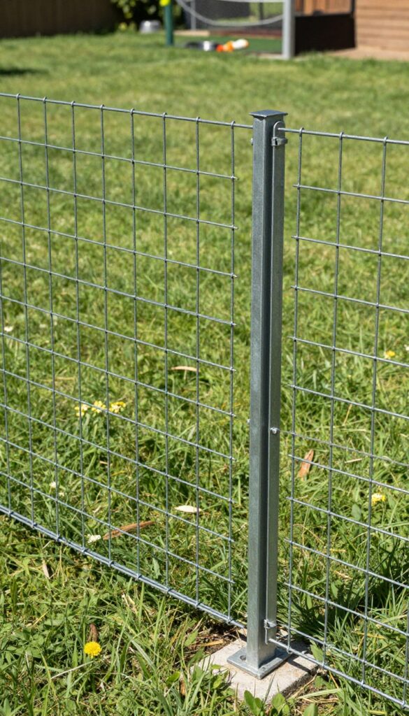 Welded wire mesh fence on steel posts in a backyard dog run