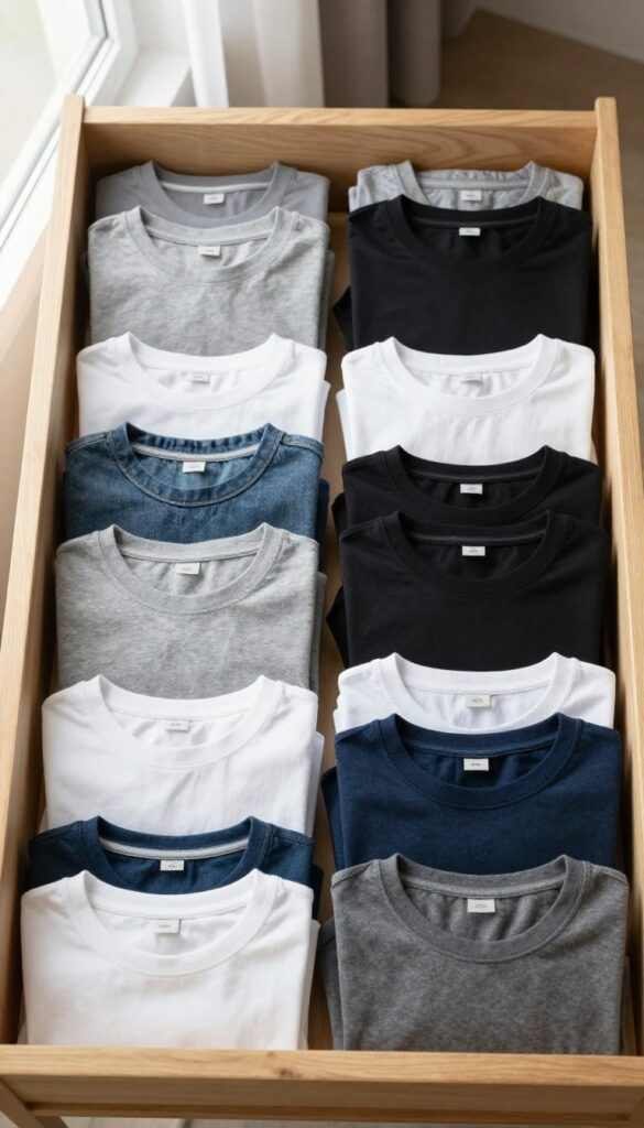 A neatly organized drawer with vertically folded t-shirts and jeans standing upright, visible at a glance.