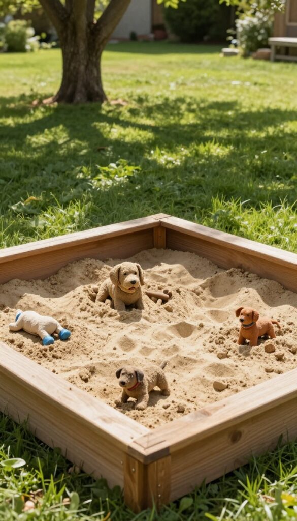 A wooden sandbox digging pit for dogs in a sunny backyard, with buried toys partly visible in the sand.