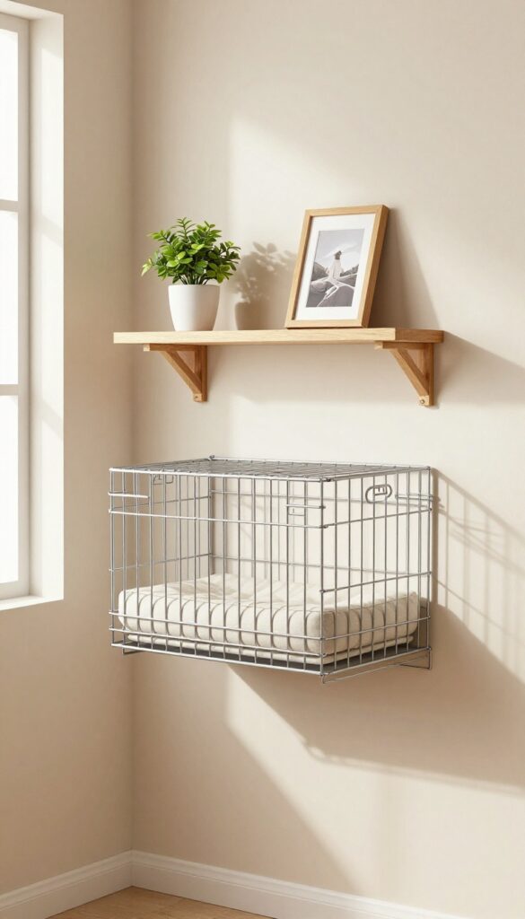 Wall-mounted dog crate with a shelf above, decorated with a plant and photo frame in a bright, small room.
