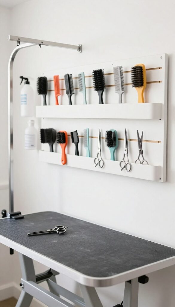 Vertical storage in a dog grooming trailer with pegboard, magnetic strip, and slatwall for tools.