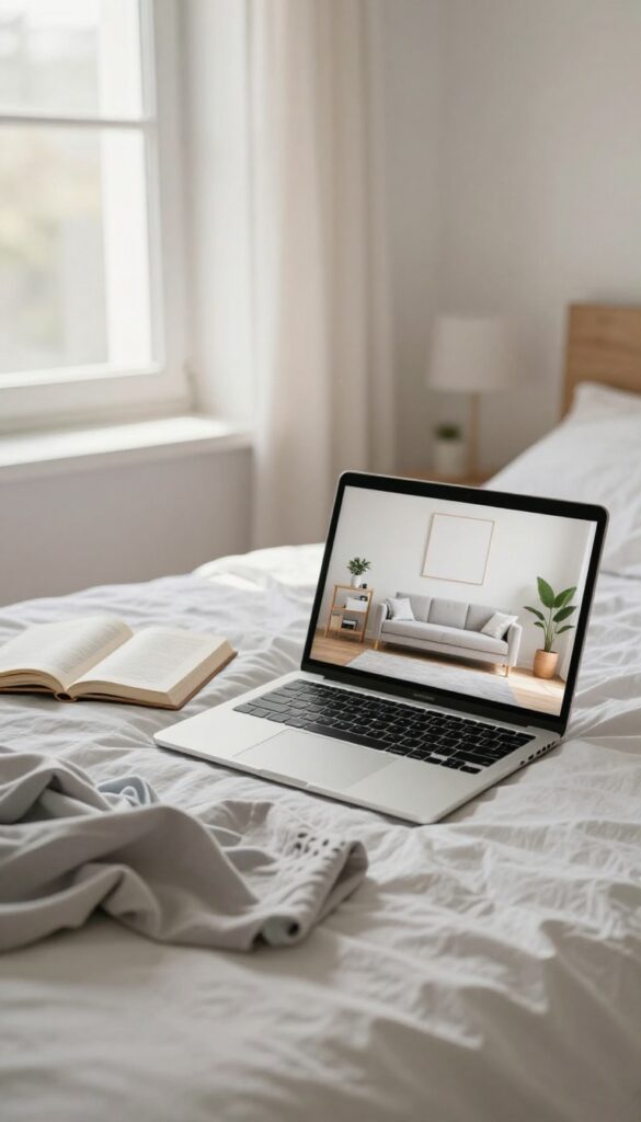 A person watching a cleaning motivation video on a laptop in a sunlit bedroom, with a slightly messy room and a clean room transformation on screen.