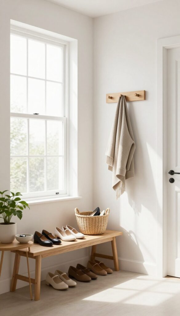 Clean and organized entryway with shoe basket, coat rack, and console table