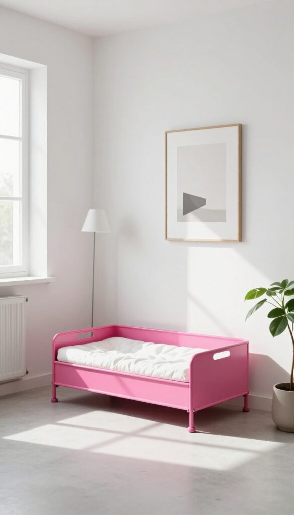 Hot pink dog crate as a statement piece in a bright living room with neutral decor