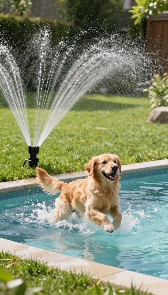 Dog pool with built-in sprinkler system in backyard, dog playing in water splashes