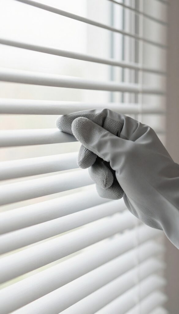 Hand in microfiber glove dusting white horizontal blinds in bright natural light