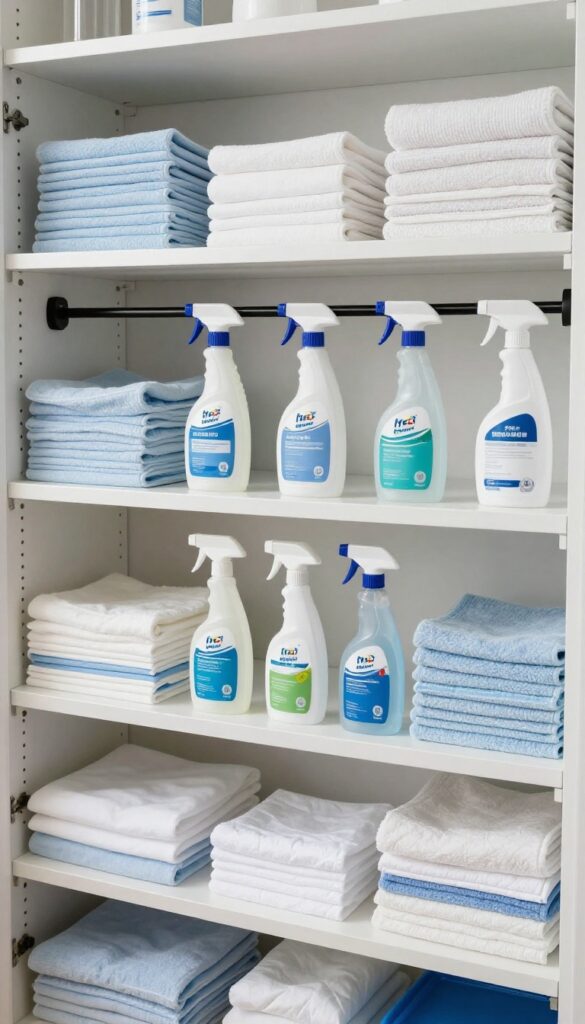 Cleaning closet with tension rod holding spray bottles by triggers, organized and tidy.