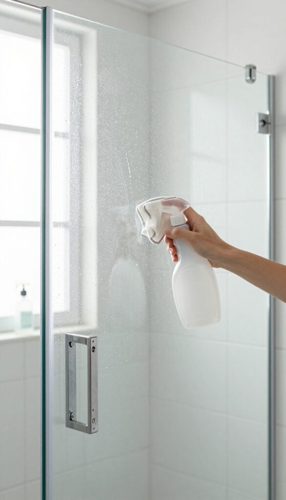 Cleaning a glass shower door with spray and cloth in bright bathroom