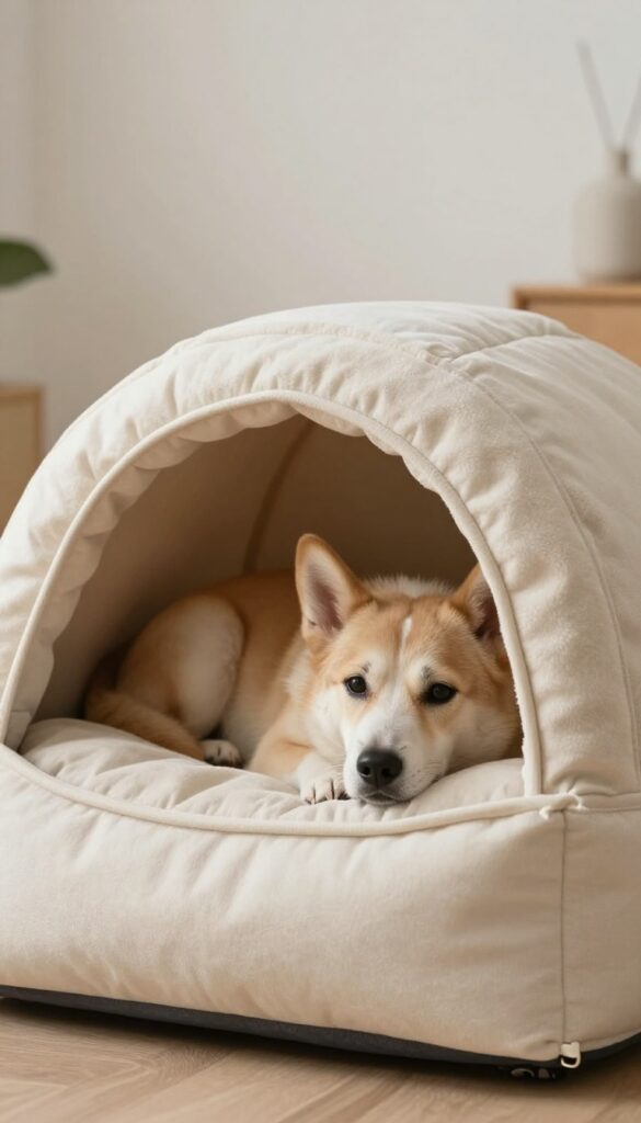 A cozy cave dog bed with a dog curled up inside, in a bright living room