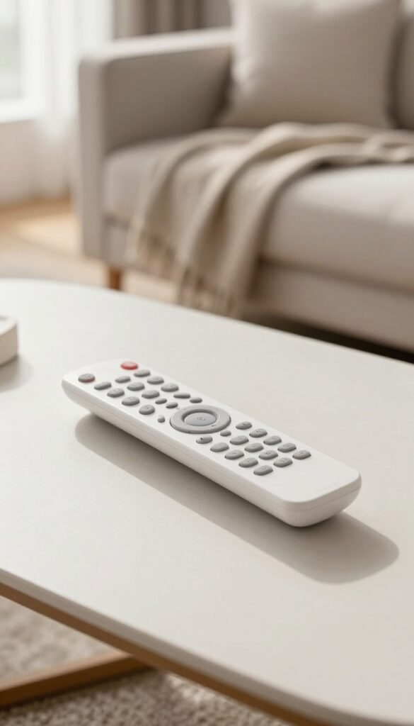 Clean remote control on a coffee table in a tidy living room