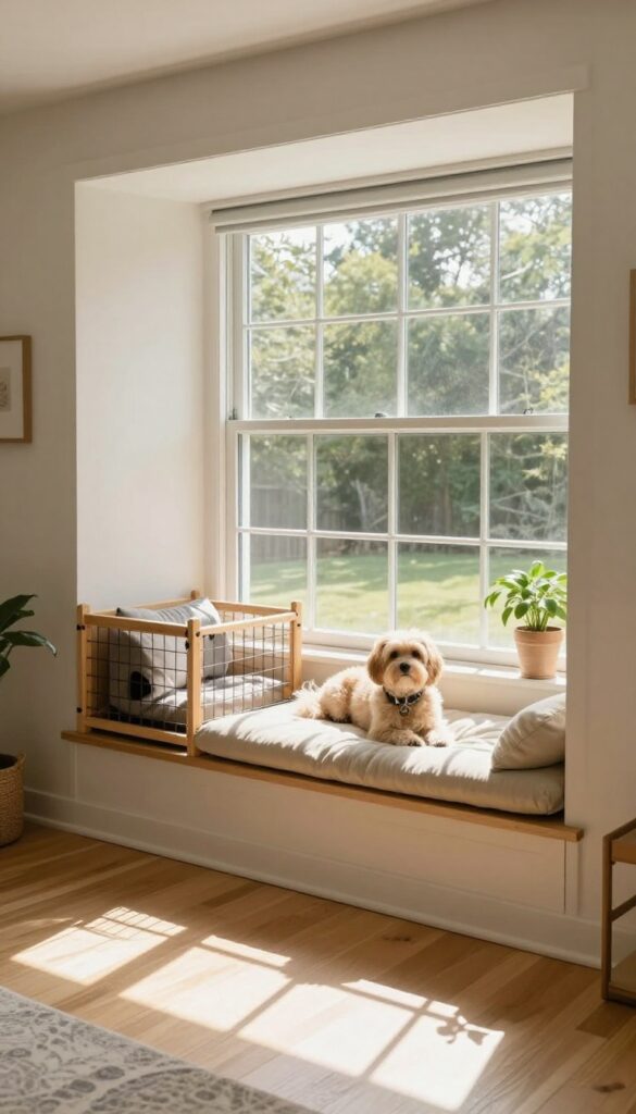 Window seat with built-in dog crate, cozy living room with bay window and dog resting on cushion.