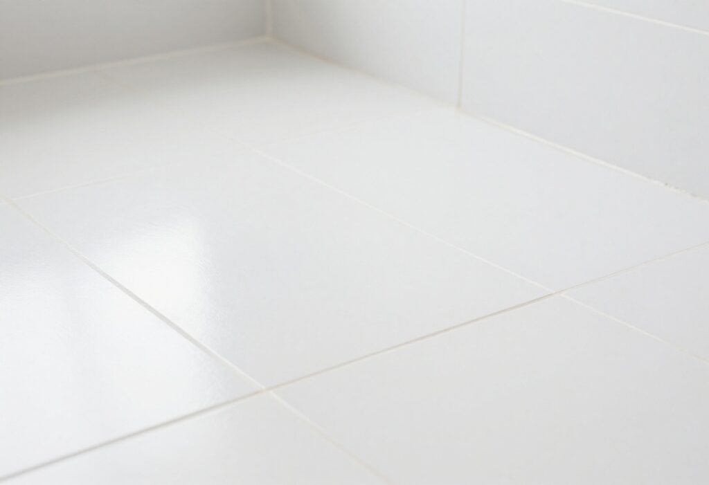 Close-up of clean white grout lines on floor tiles, with a portion still dirty to show contrast.