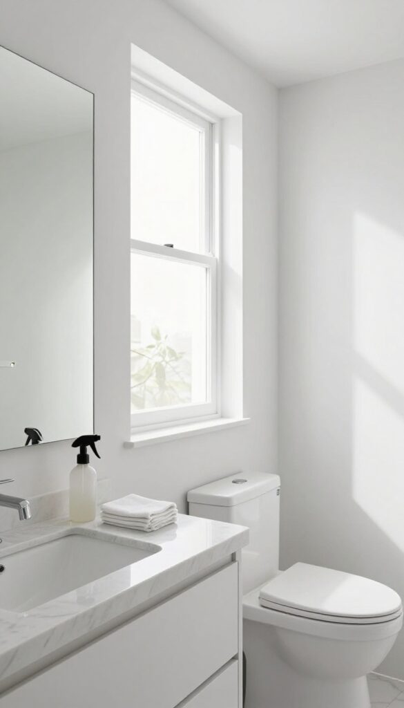 Clean bathroom with spray bottle and microfiber cloth on counter, mirror reflecting light