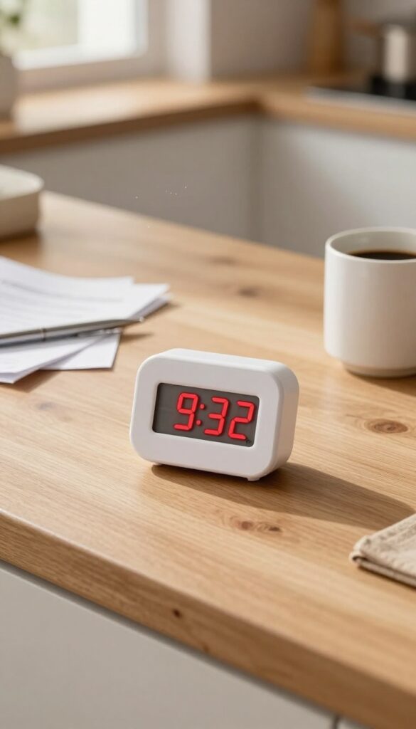 White digital kitchen timer on a cluttered counter, counting down, with natural light and warm tones.
