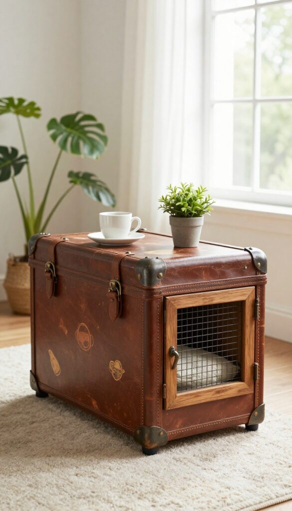 Vintage trunk converted into dog kennel end table with door opening and cushion inside, in a bright living room