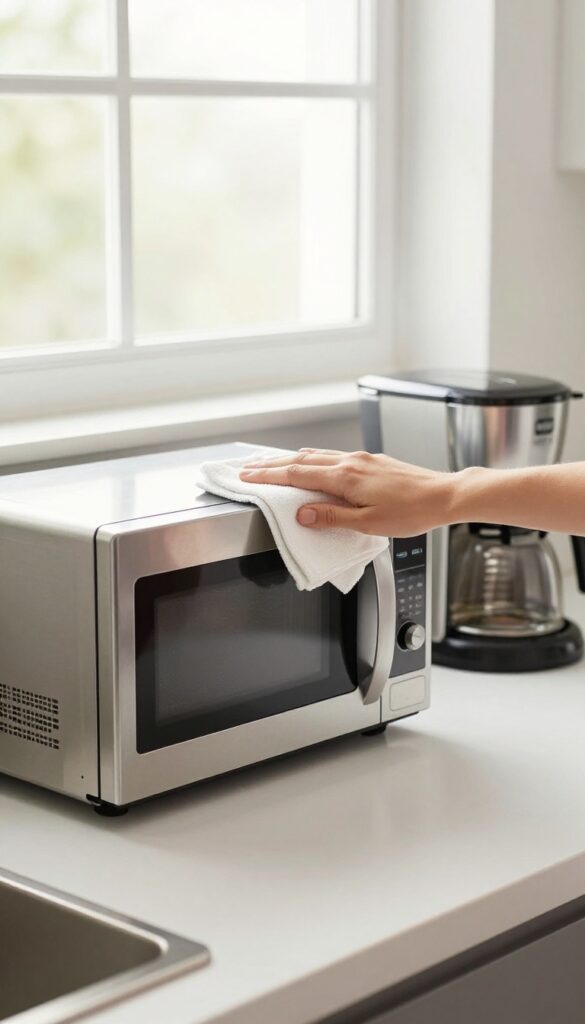 Person wiping down stainless steel kitchen appliances with a microfiber cloth