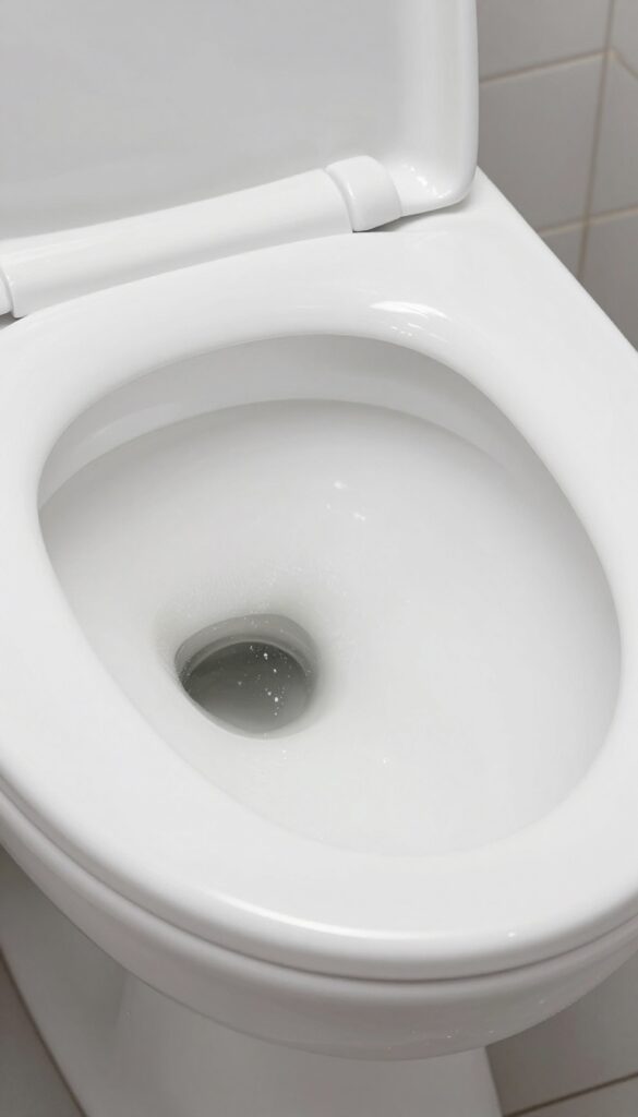 Close-up of WD-40 spray on a hard water ring in a toilet bowl.