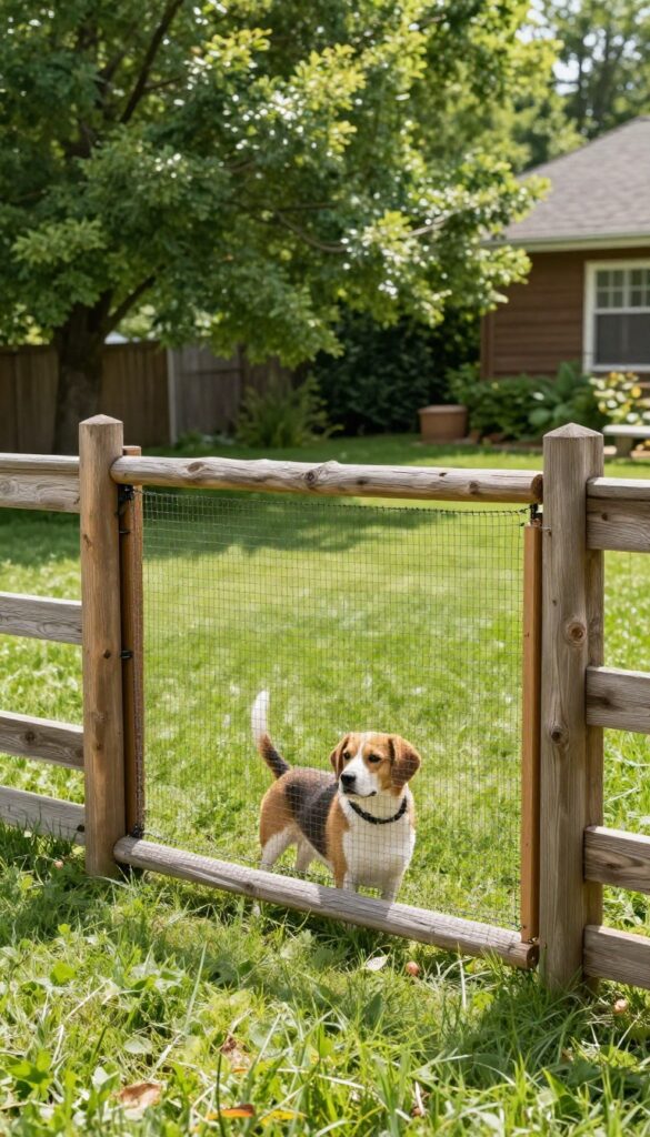 Split rail fence with deer netting in a sunny backyard, with a small dog standing inside the fenced area.