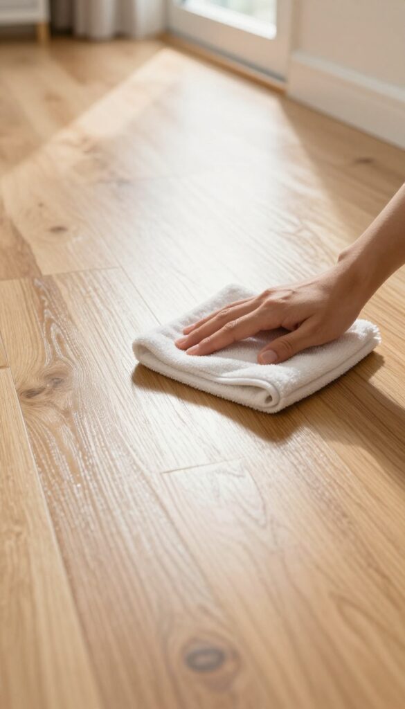 Person drying a laminate wood floor with a microfiber towel in a sunlit hallway