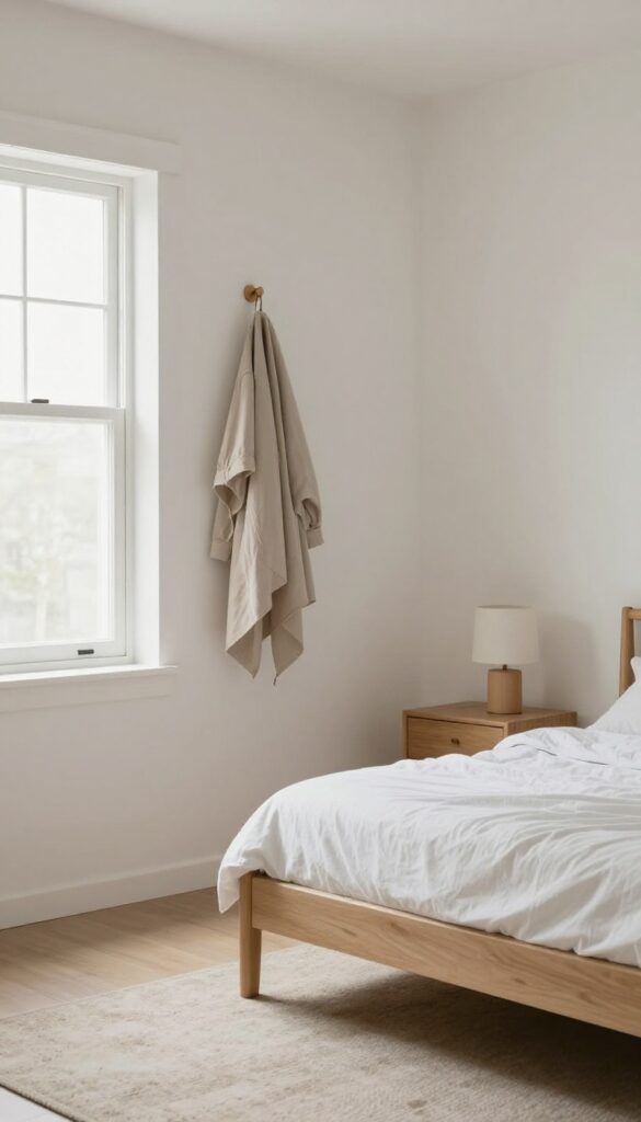 Person hanging a jacket on a hook in a clean, sunlit bedroom