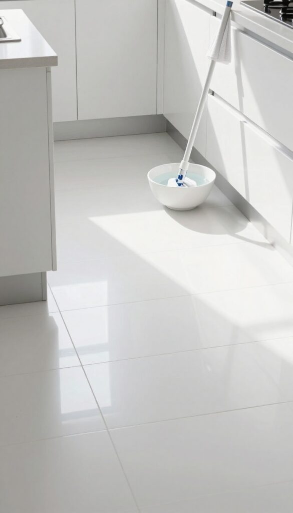 Classic vinegar and water floor cleaning solution in a bowl with a microfiber mop on a clean tile floor