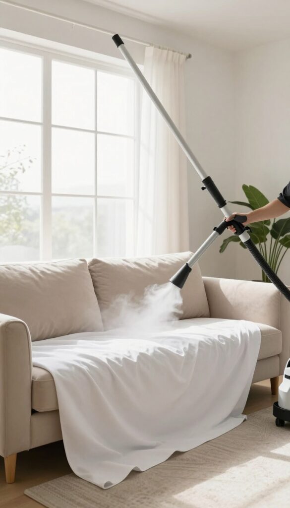 Professional upholstery cleaning with steam machine on a beige sofa in a bright living room