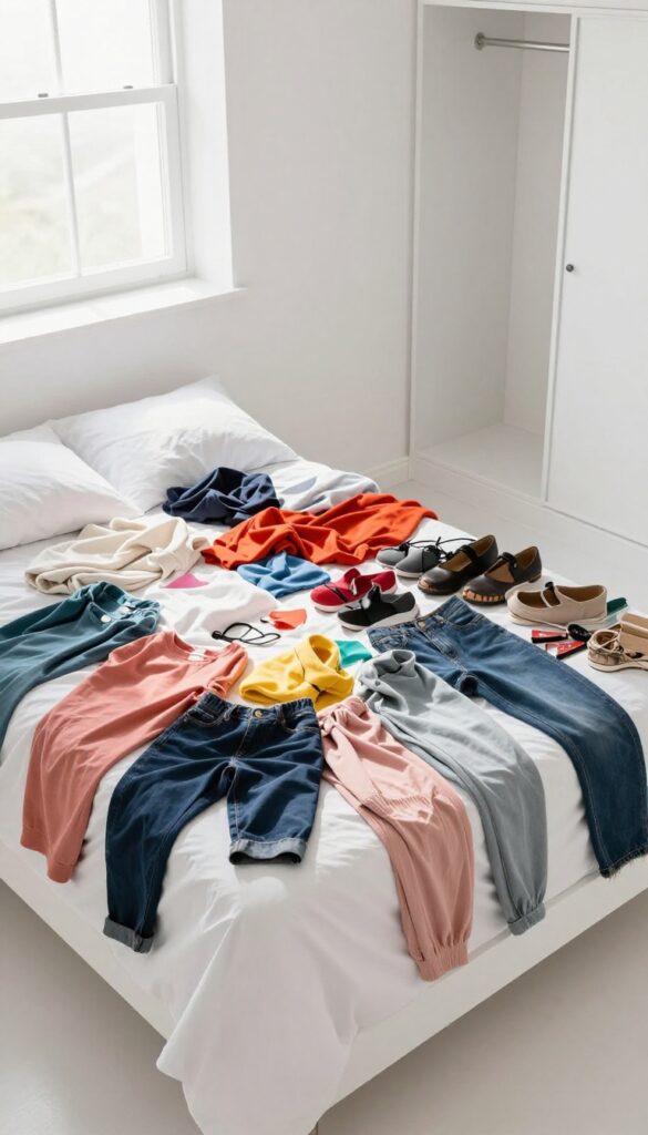Clothes piled on a bed with an empty closet in the background, natural light, decluttering scene