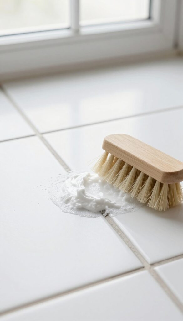 Baking soda and vinegar paste applied to tile grout with a brush nearby