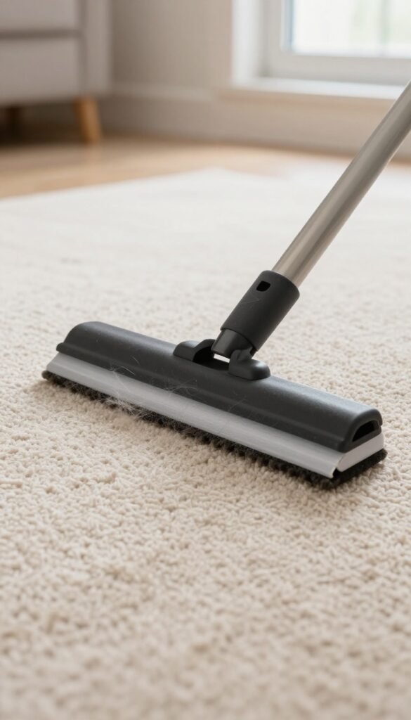 Using a rubber squeegee to remove pet hair from a carpet