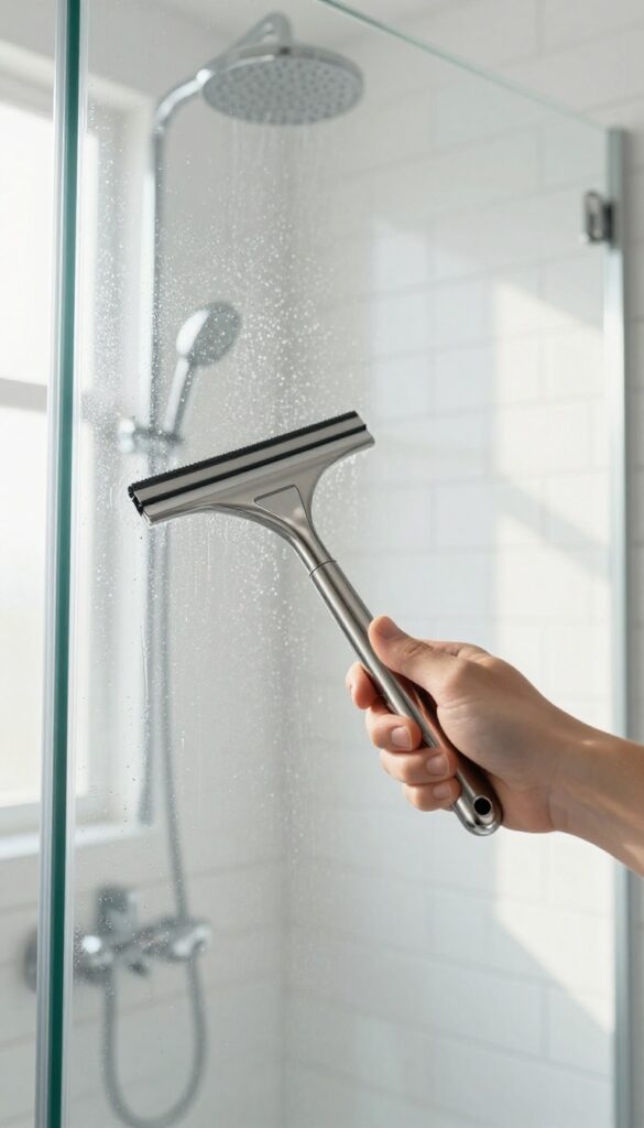 Hand using a squeegee on wet shower glass door to prevent water spots
