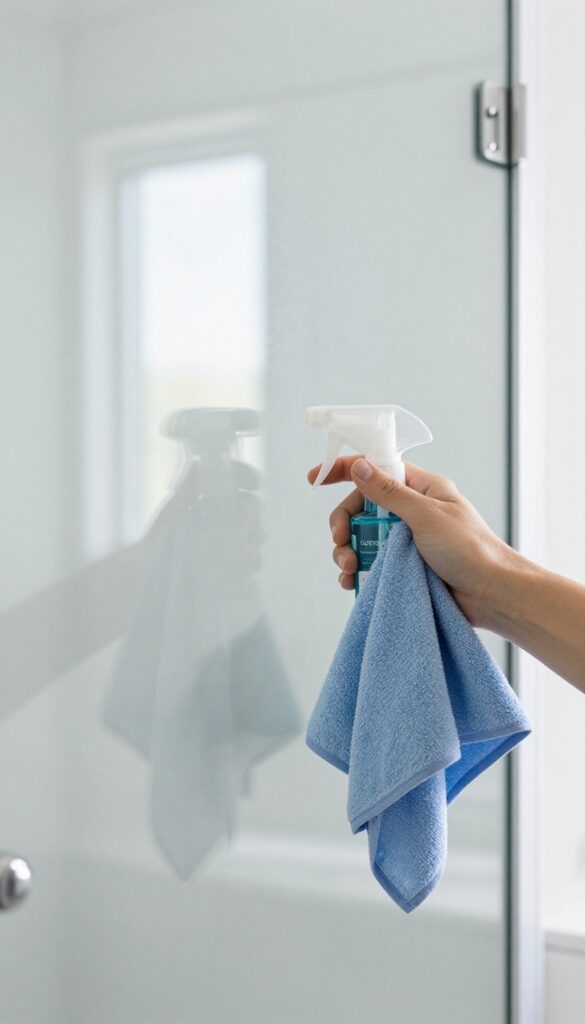 Glass shower door sparkling clean after using rubbing alcohol and microfiber cloth