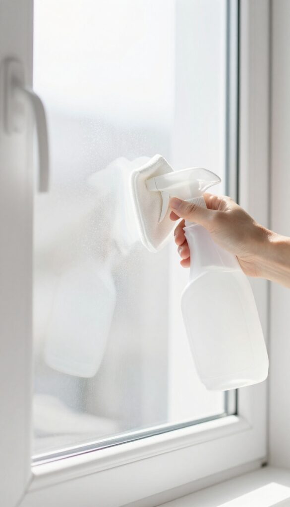 Cleaning a glass window with vinegar and water solution using a microfiber cloth for a streak-free shine