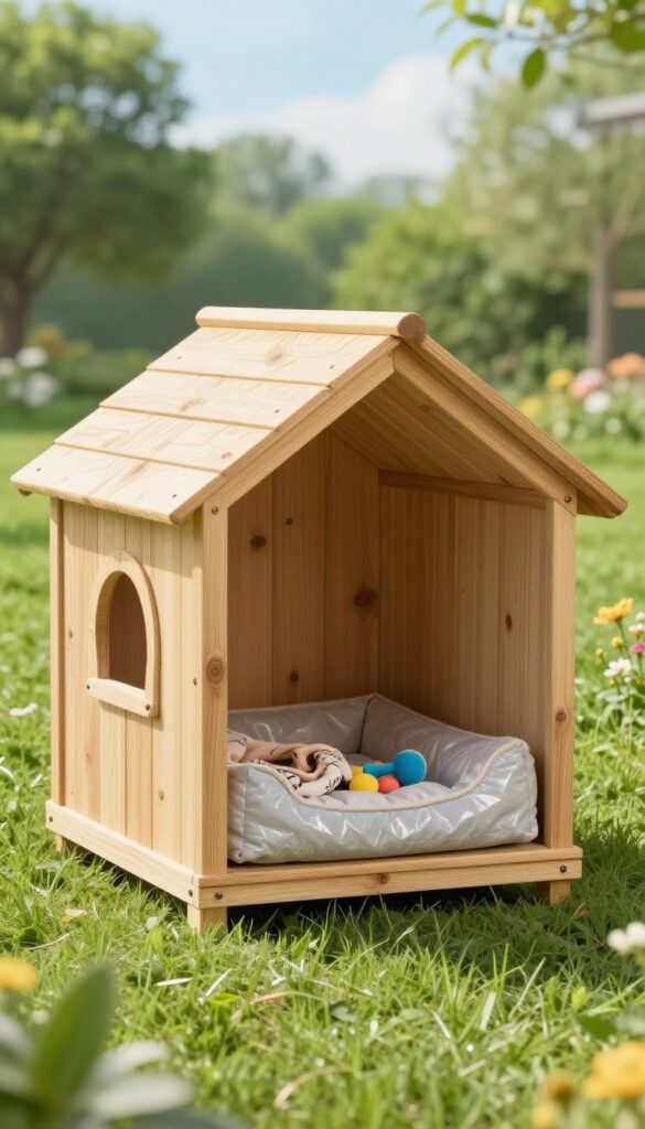 Cozy outdoor dog house with shaded porch, soft bedding, and toy in a sunny backyard