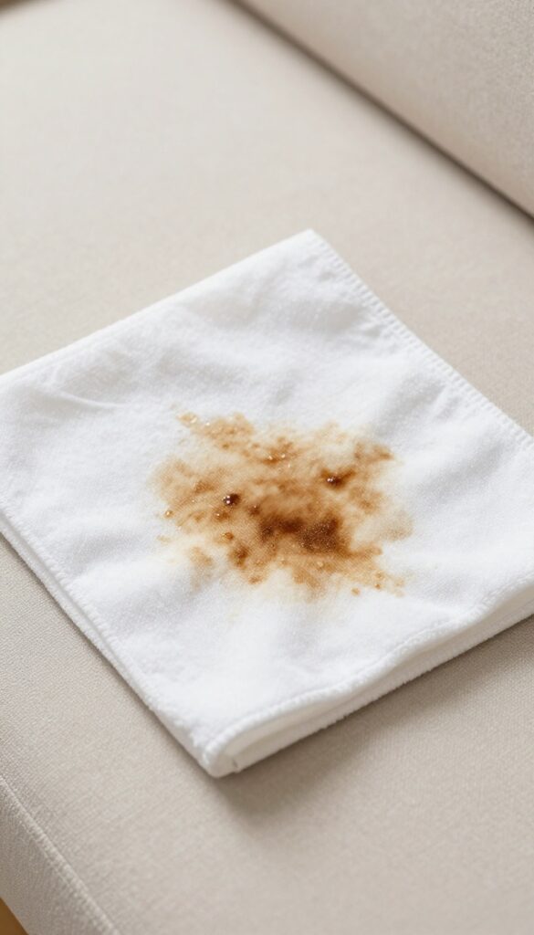 Cleaning a water-based stain on a microfiber couch with rubbing alcohol and a white cloth.