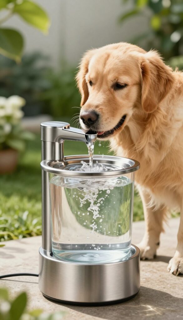 Dog drinking from automatic water fountain in backyard garden