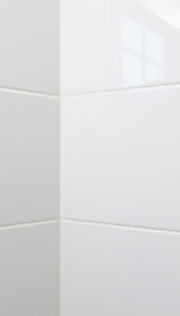 Close-up of clean white shower grout with water beading up, showing sealed grout protection.