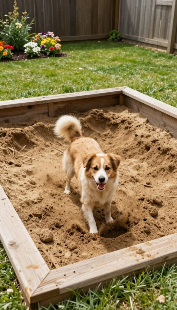 Dog digging in a designated sand pit in a backyard with wooden border and garden background