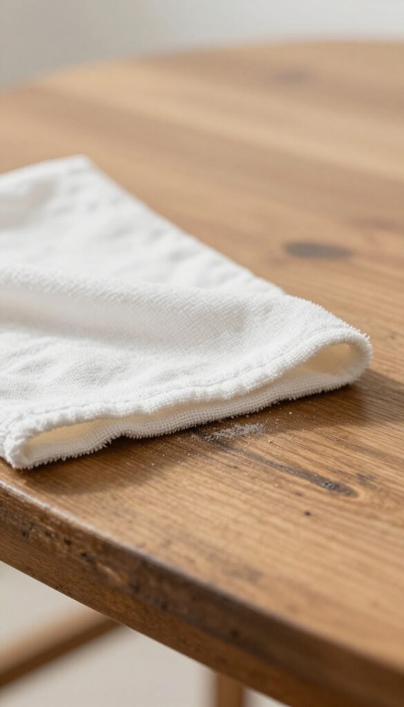Soft dusting of old wood furniture with a microfiber cloth in natural light