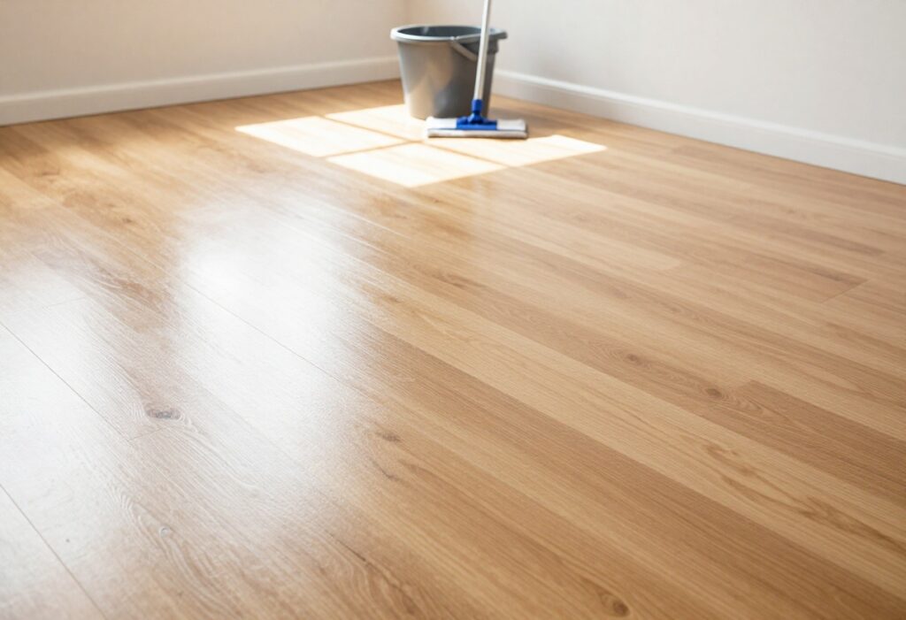 Bright and shiny wooden floor after mopping with natural cleaning solution