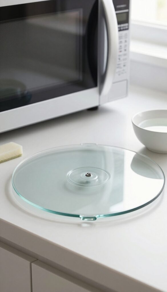 Clean glass microwave turntable on kitchen counter with sponge and soapy water, bright natural light