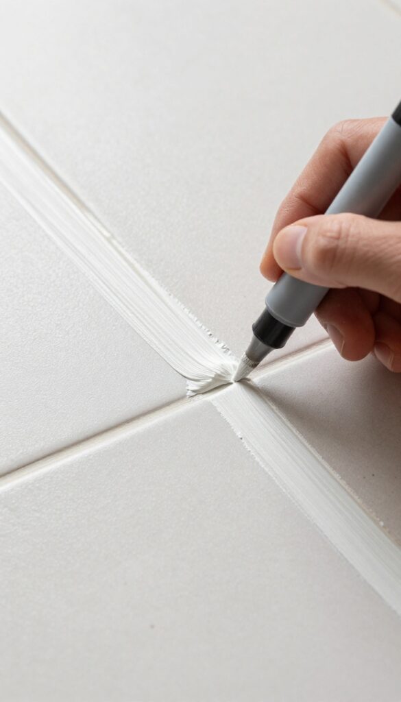 Hand using a grout pen to recolor a grout line on a clean ceramic tile floor