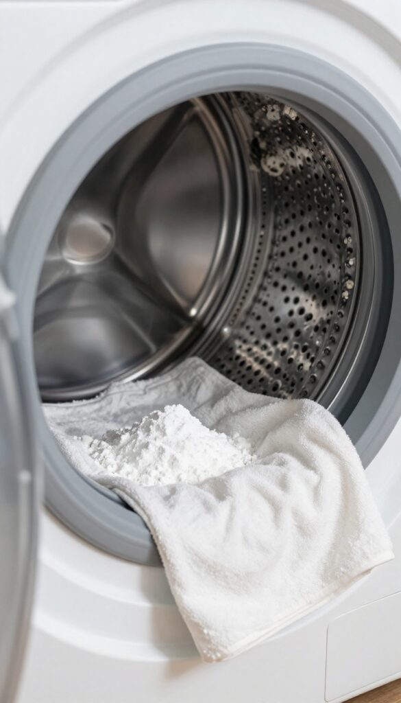 Close-up of washing machine drum with citric acid powder and mineral deposits