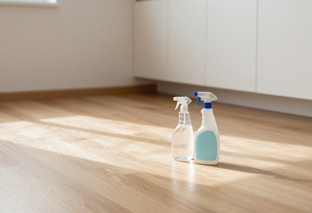 Clean wooden floor with mop and spray bottle of homemade cleaner