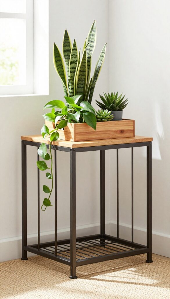 Dog crate with a wooden tray on top holding a snake plant, pothos, and succulent in a bright living room