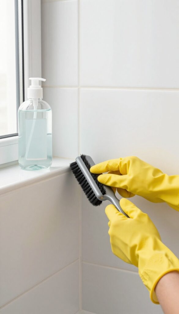 Cleaning shower tile grout with rubbing alcohol and a brush